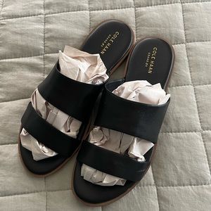 Cole Haan black two- strap slides, size 8.5